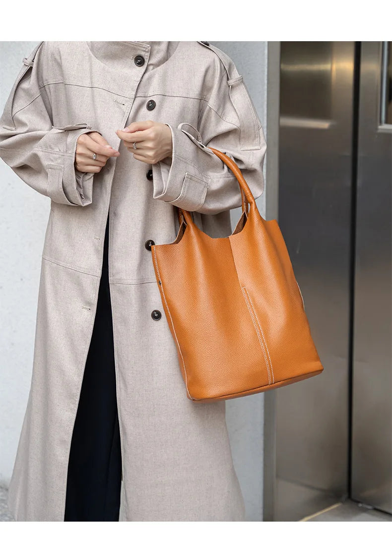 Couro genuíno commuter sacola simples senhoras macio tote bolsa de ombro grande capacidade bolsa balde feminina 2025 novo