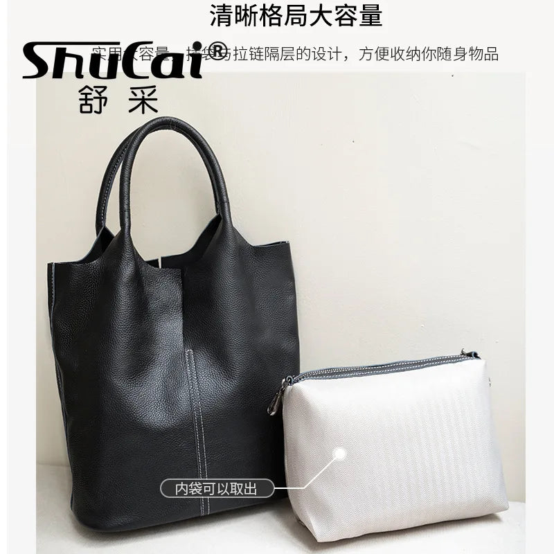 Couro genuíno commuter sacola simples senhoras macio tote bolsa de ombro grande capacidade bolsa balde feminina 2025 novo