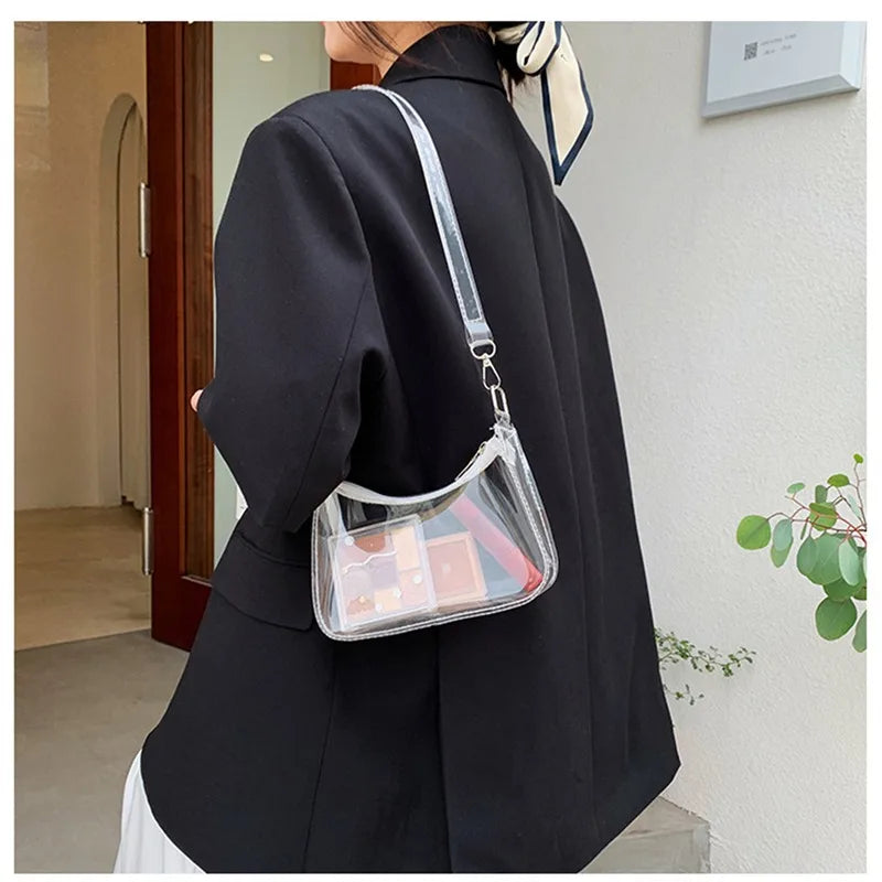 Bolsa de ombro de gelatina transparente para mulheres, bolsas pequenas com zíper nas axilas Y2K e bolsa da moda