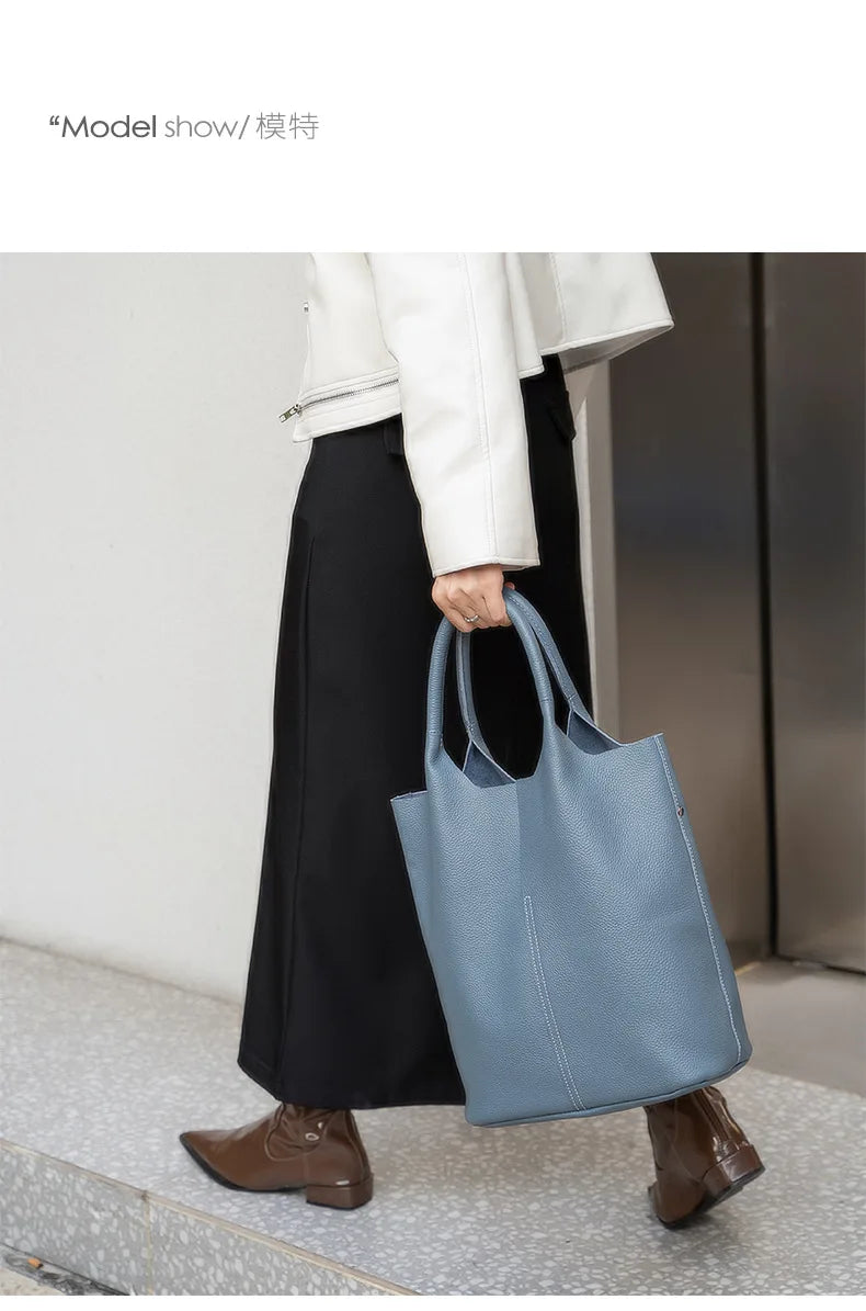 Couro genuíno commuter sacola simples senhoras macio tote bolsa de ombro grande capacidade bolsa balde feminina 2025 novo