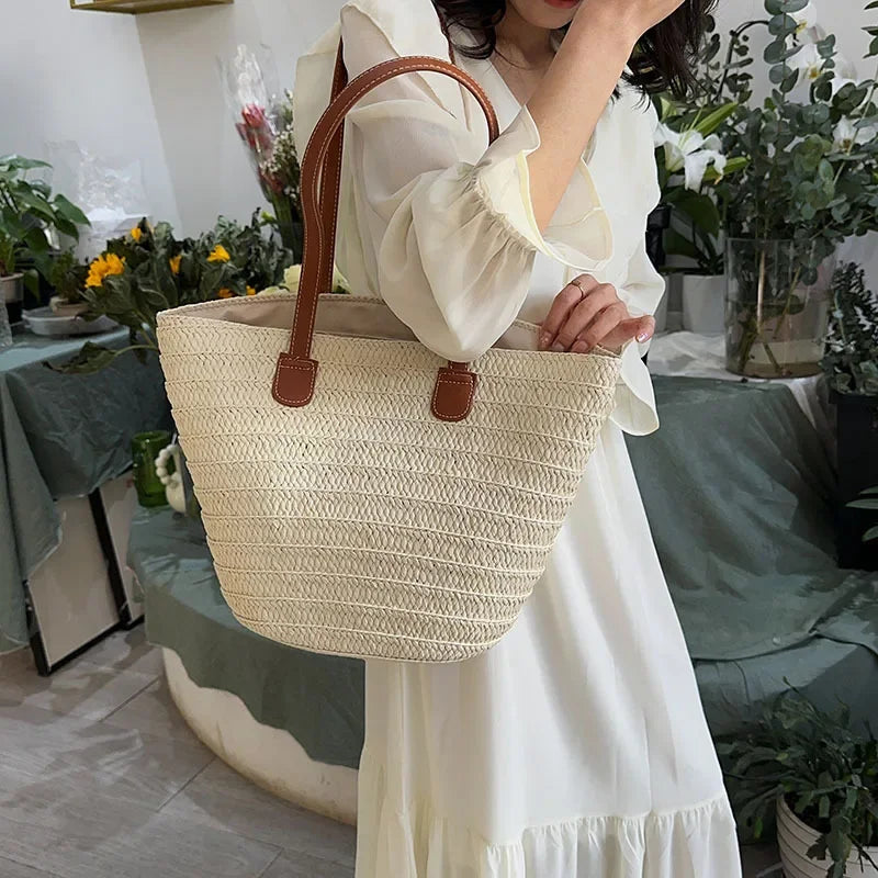 Bolsa de ombro feminina grande capacidade verão palha tecido cesta bolsa moda feminina designer luxo saco praia bali shopper tote
