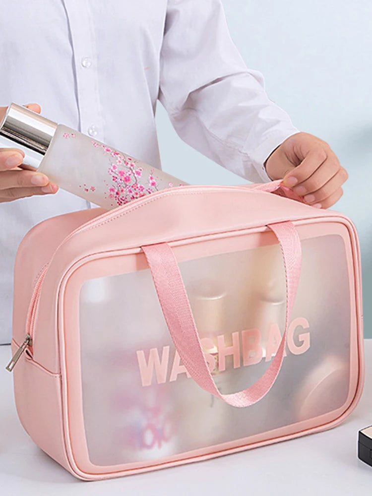 Bolsa transparente de três peças para maquiagem e produtos de higiene pessoal, bolsa de armazenamento portátil fosca semitransparente de pvc de grande capacidade