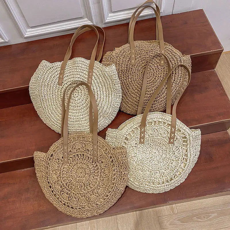 Sacos de palha redondos de verão para mulheres rattan bolsa de ombro viagem artesanal tecido praia bolsas femininas grande capacidade totes saco