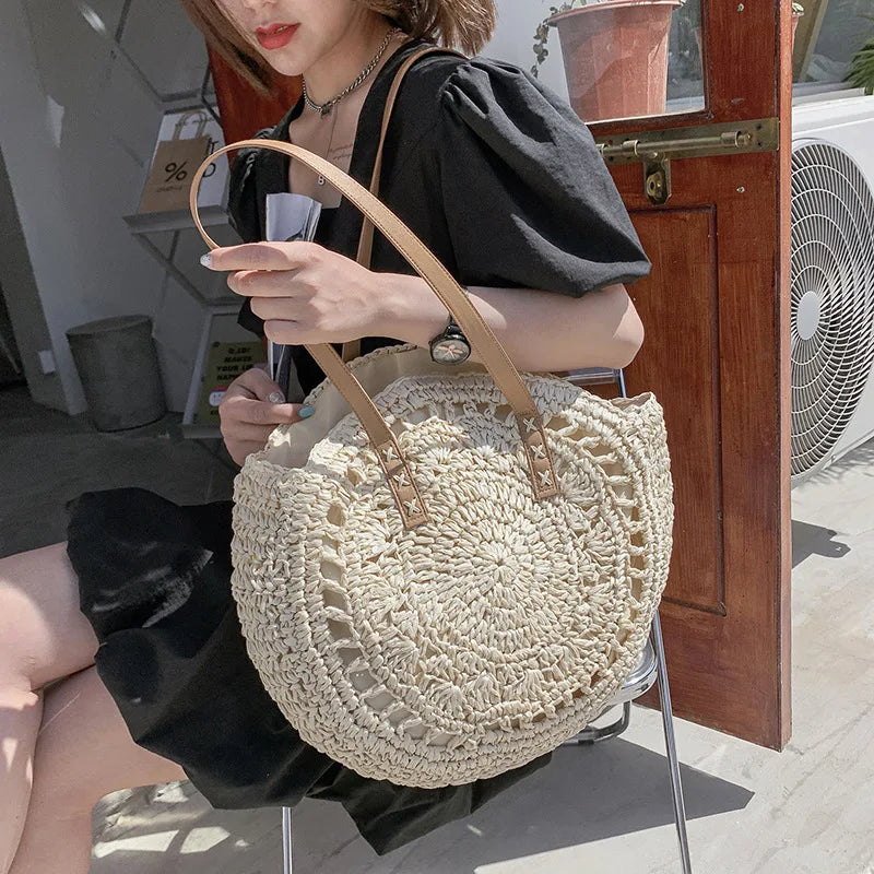 Sacos de palha redondos de verão para mulheres rattan bolsa de ombro viagem artesanal tecido praia bolsas femininas grande capacidade totes saco