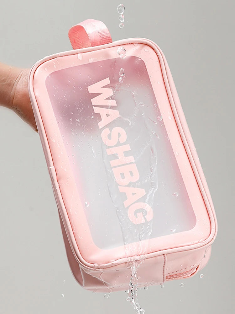 Bolsa transparente de três peças para maquiagem e produtos de higiene pessoal, bolsa de armazenamento portátil fosca semitransparente de pvc de grande capacidade