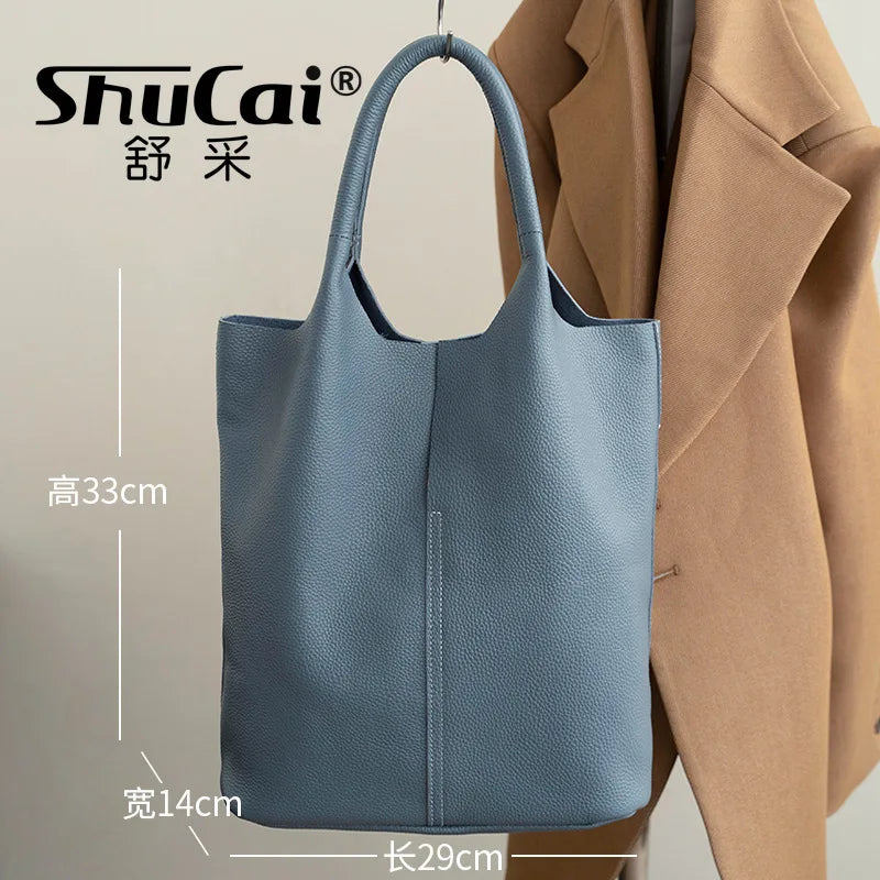Couro genuíno commuter sacola simples senhoras macio tote bolsa de ombro grande capacidade bolsa balde feminina 2025 novo