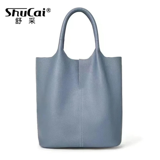 Couro genuíno commuter sacola simples senhoras macio tote bolsa de ombro grande capacidade bolsa balde feminina 2025 novo