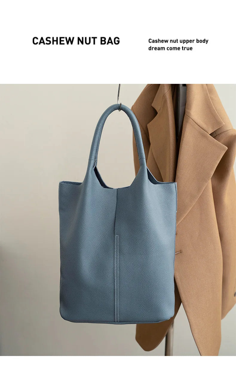 Couro genuíno commuter sacola simples senhoras macio tote bolsa de ombro grande capacidade bolsa balde feminina 2025 novo