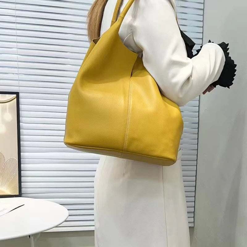 Couro genuíno commuter sacola simples senhoras macio tote bolsa de ombro grande capacidade bolsa balde feminina 2025 novo