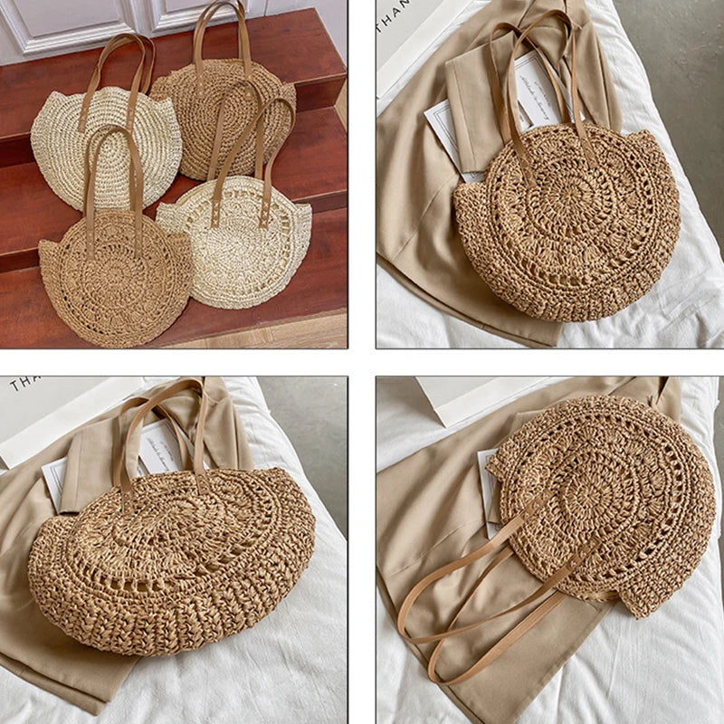 Sacos de palha redondos de verão para mulheres rattan bolsa de ombro viagem artesanal tecido praia bolsas femininas grande capacidade totes saco