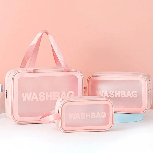 Bolsa transparente de três peças para maquiagem e produtos de higiene pessoal, bolsa de armazenamento portátil fosca semitransparente de pvc de grande capacidade