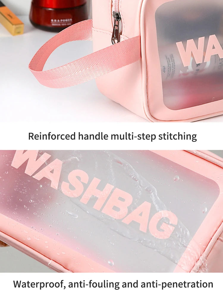 Bolsa transparente de três peças para maquiagem e produtos de higiene pessoal, bolsa de armazenamento portátil fosca semitransparente de pvc de grande capacidade
