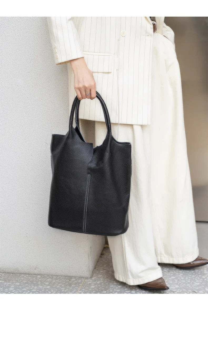Couro genuíno commuter sacola simples senhoras macio tote bolsa de ombro grande capacidade bolsa balde feminina 2025 novo