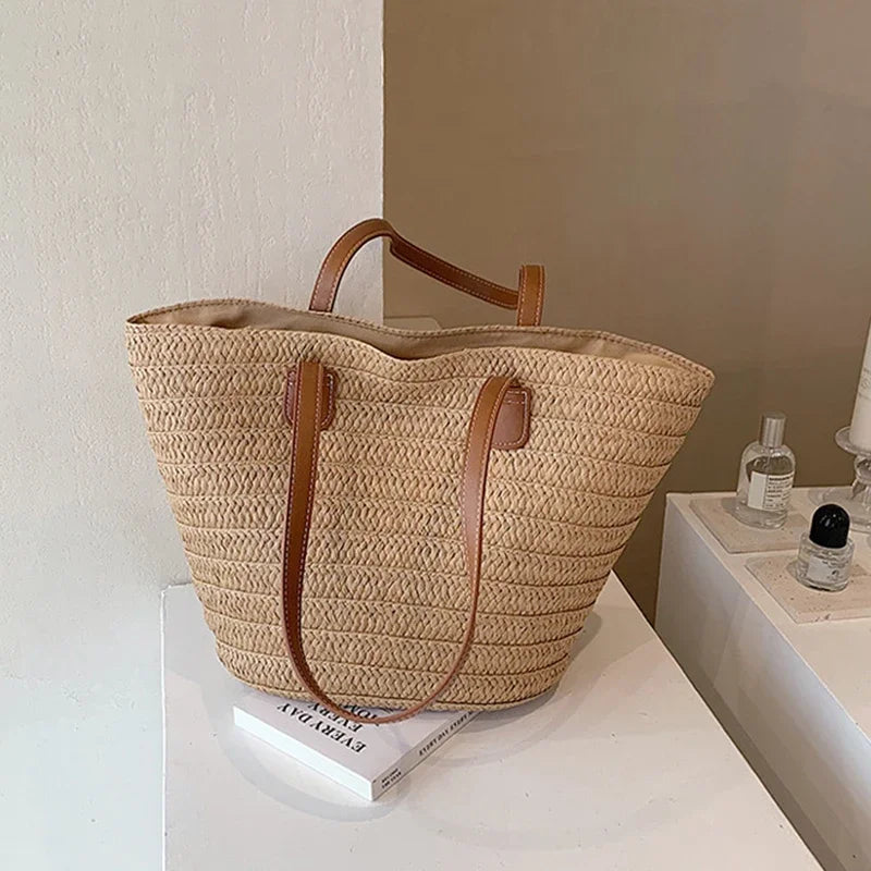 Bolsa de ombro feminina grande capacidade verão palha tecido cesta bolsa moda feminina designer luxo saco praia bali shopper tote