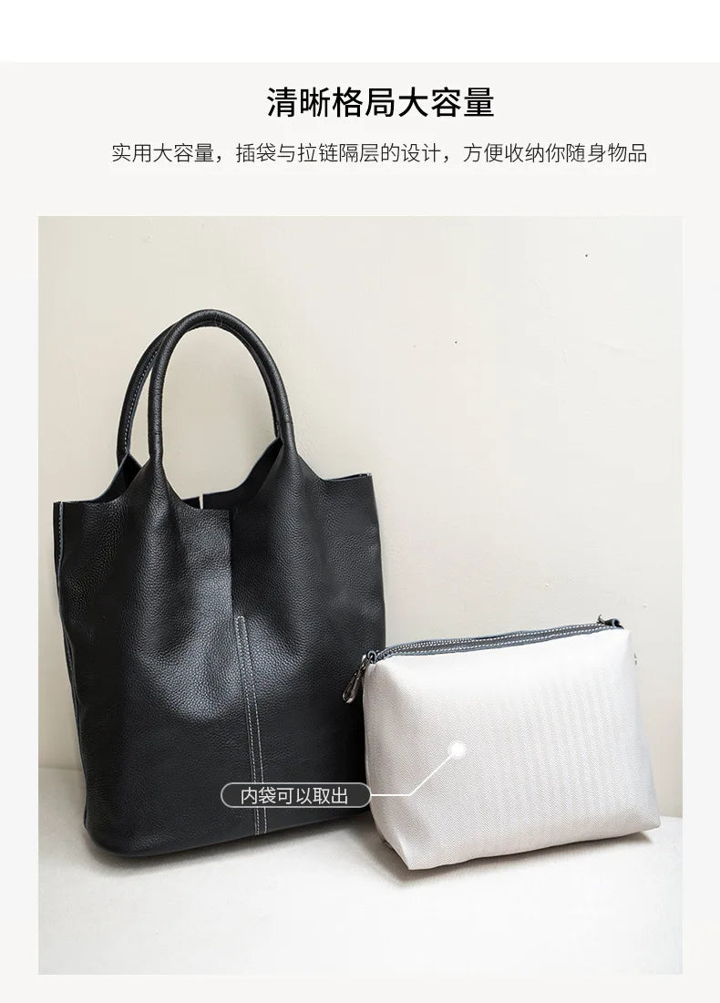 Couro genuíno commuter sacola simples senhoras macio tote bolsa de ombro grande capacidade bolsa balde feminina 2025 novo