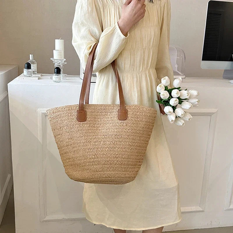 Bolsa de ombro feminina grande capacidade verão palha tecido cesta bolsa moda feminina designer luxo saco praia bali shopper tote