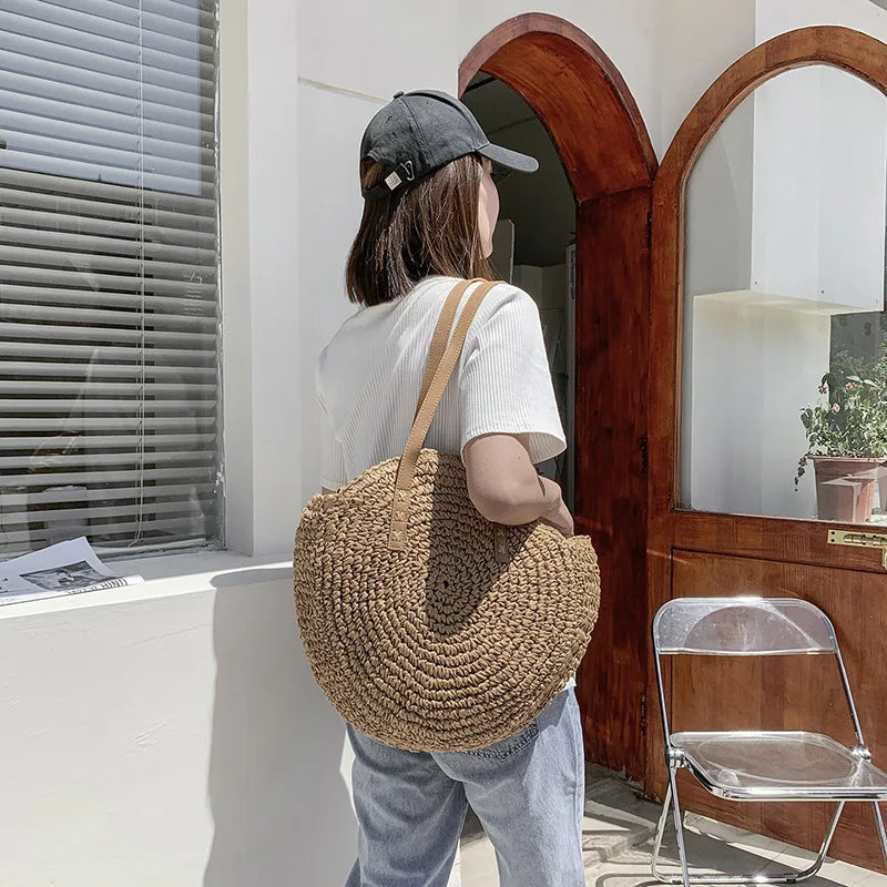 Sacos de palha redondos de verão para mulheres rattan bolsa de ombro viagem artesanal tecido praia bolsas femininas grande capacidade totes saco