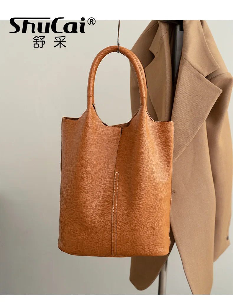 Couro genuíno commuter sacola simples senhoras macio tote bolsa de ombro grande capacidade bolsa balde feminina 2025 novo