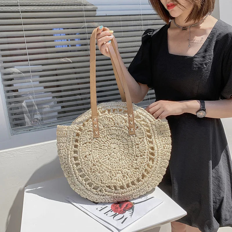 Sacos de palha redondos de verão para mulheres rattan bolsa de ombro viagem artesanal tecido praia bolsas femininas grande capacidade totes saco