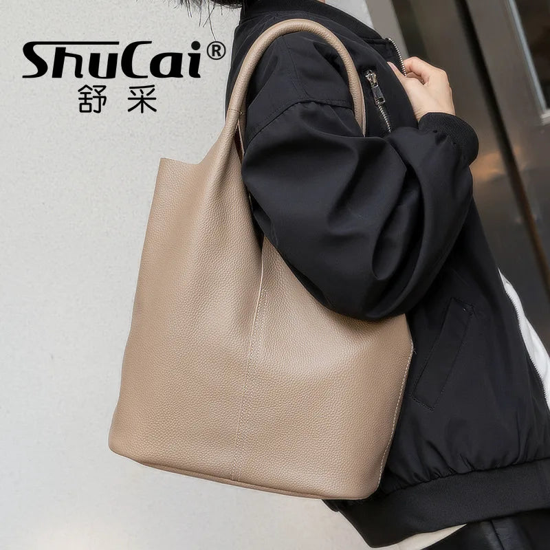 Couro genuíno commuter sacola simples senhoras macio tote bolsa de ombro grande capacidade bolsa balde feminina 2025 novo