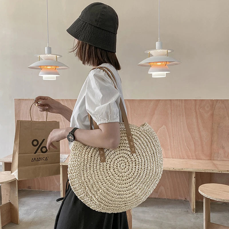 Sacos de palha redondos de verão para mulheres rattan bolsa de ombro viagem artesanal tecido praia bolsas femininas grande capacidade totes saco