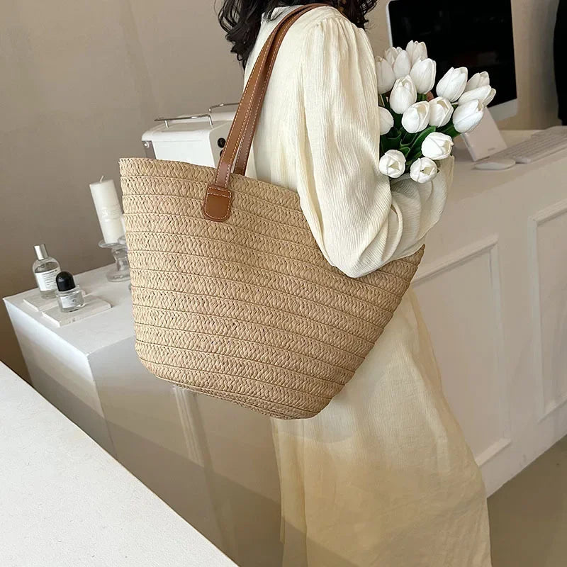 Bolsa de ombro feminina grande capacidade verão palha tecido cesta bolsa moda feminina designer luxo saco praia bali shopper tote