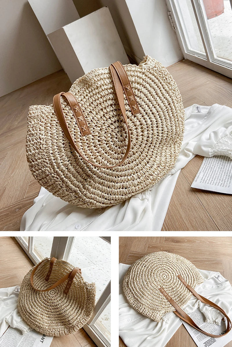 Sacos de palha redondos de verão para mulheres rattan bolsa de ombro viagem artesanal tecido praia bolsas femininas grande capacidade totes saco
