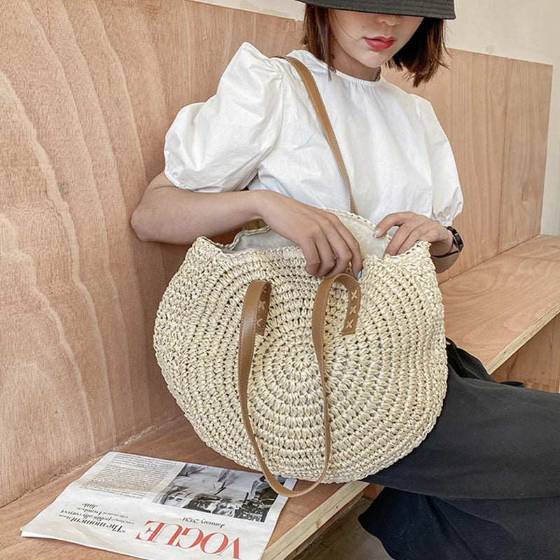 Sacos de palha redondos de verão para mulheres rattan bolsa de ombro viagem artesanal tecido praia bolsas femininas grande capacidade totes saco