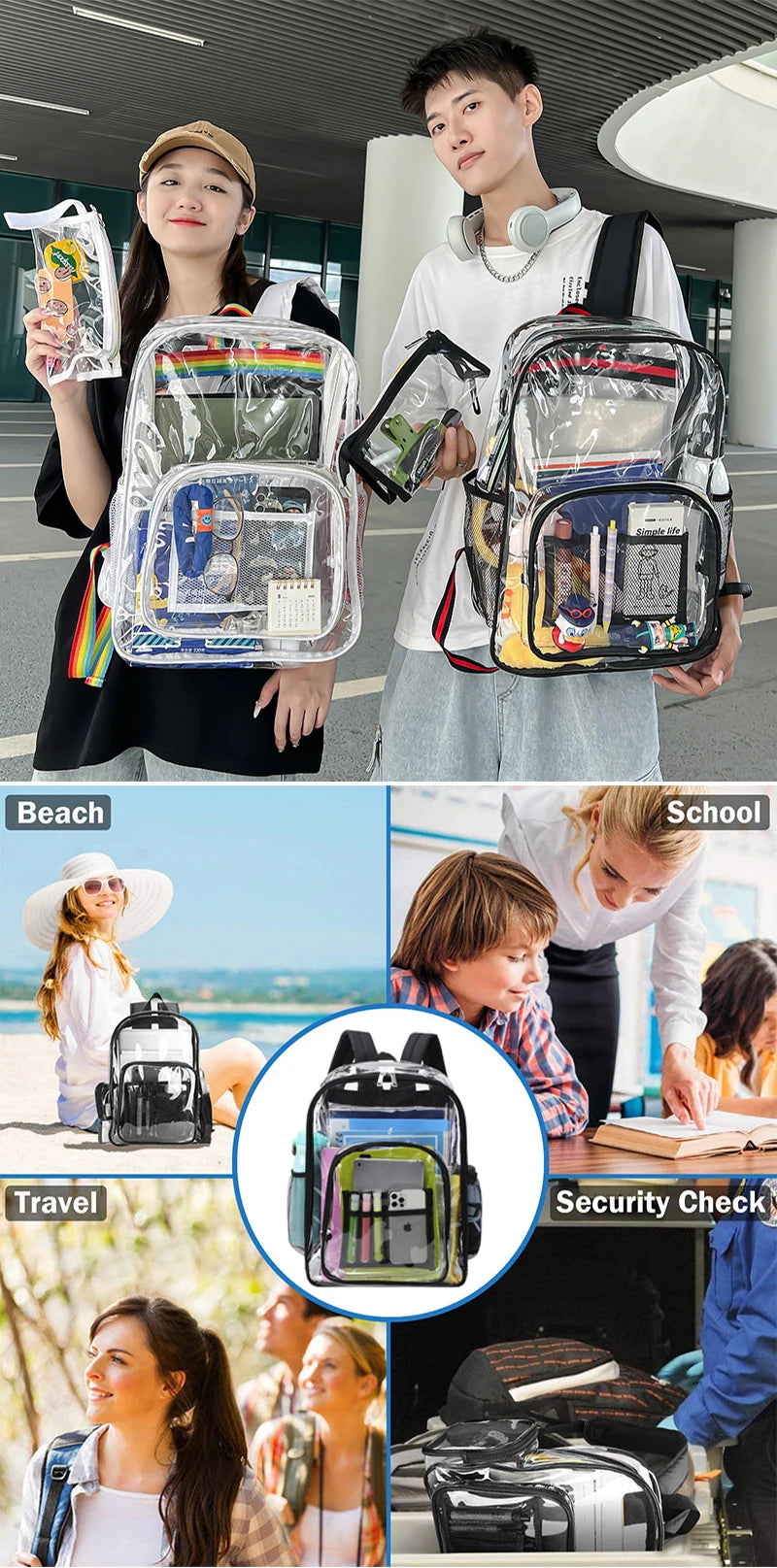 Bolsa de ombro transparente unissex moda simples grande capacidade mochilas portáteis multifuncional à prova dwaterproof água masculino feminino mochila