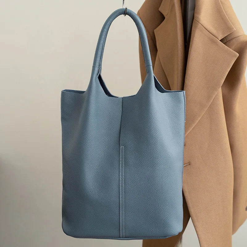 Couro genuíno commuter sacola simples senhoras macio tote bolsa de ombro grande capacidade bolsa balde feminina 2025 novo