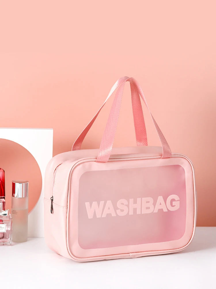 Bolsa transparente de três peças para maquiagem e produtos de higiene pessoal, bolsa de armazenamento portátil fosca semitransparente de pvc de grande capacidade