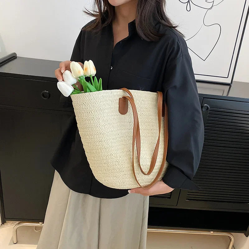 Bolsa de ombro feminina grande capacidade verão palha tecido cesta bolsa moda feminina designer luxo saco praia bali shopper tote