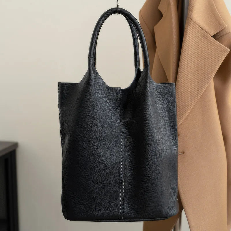Couro genuíno commuter sacola simples senhoras macio tote bolsa de ombro grande capacidade bolsa balde feminina 2025 novo