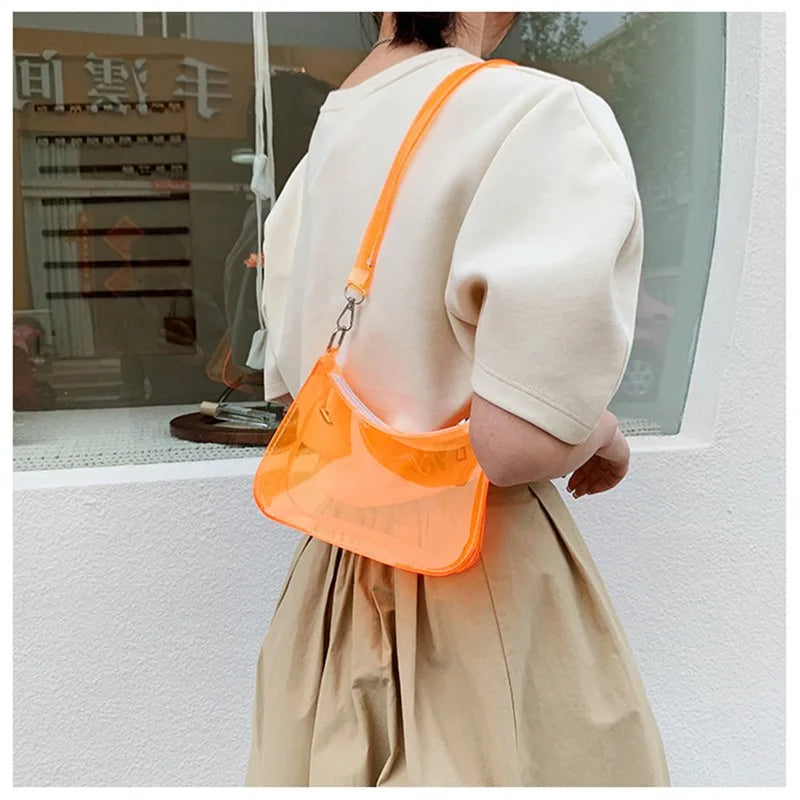 Bolsa de ombro de gelatina transparente para mulheres, bolsas pequenas com zíper nas axilas Y2K e bolsa da moda