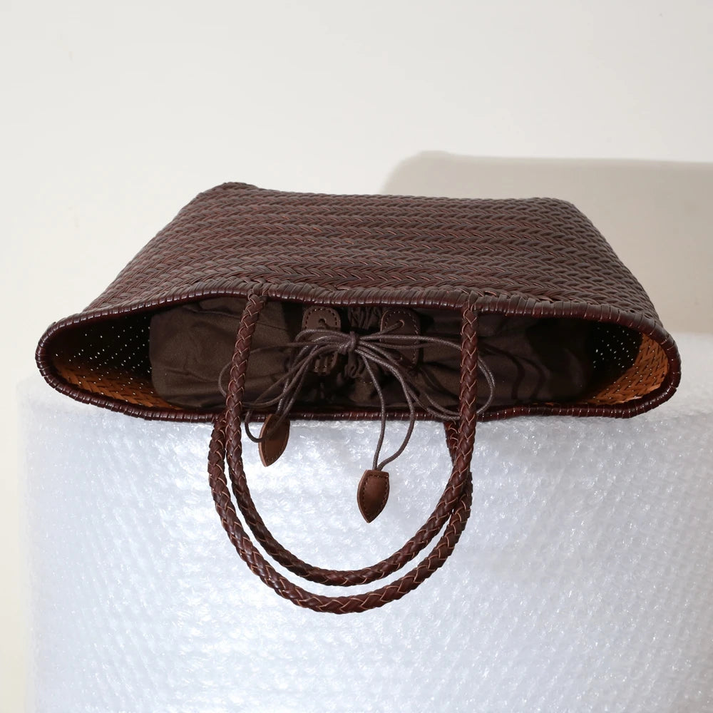 Bolsas femininas de couro genuíno bolsa de ombro tecelagem casual saco de compras vintage grande tote bolsa de mão cruz senhora