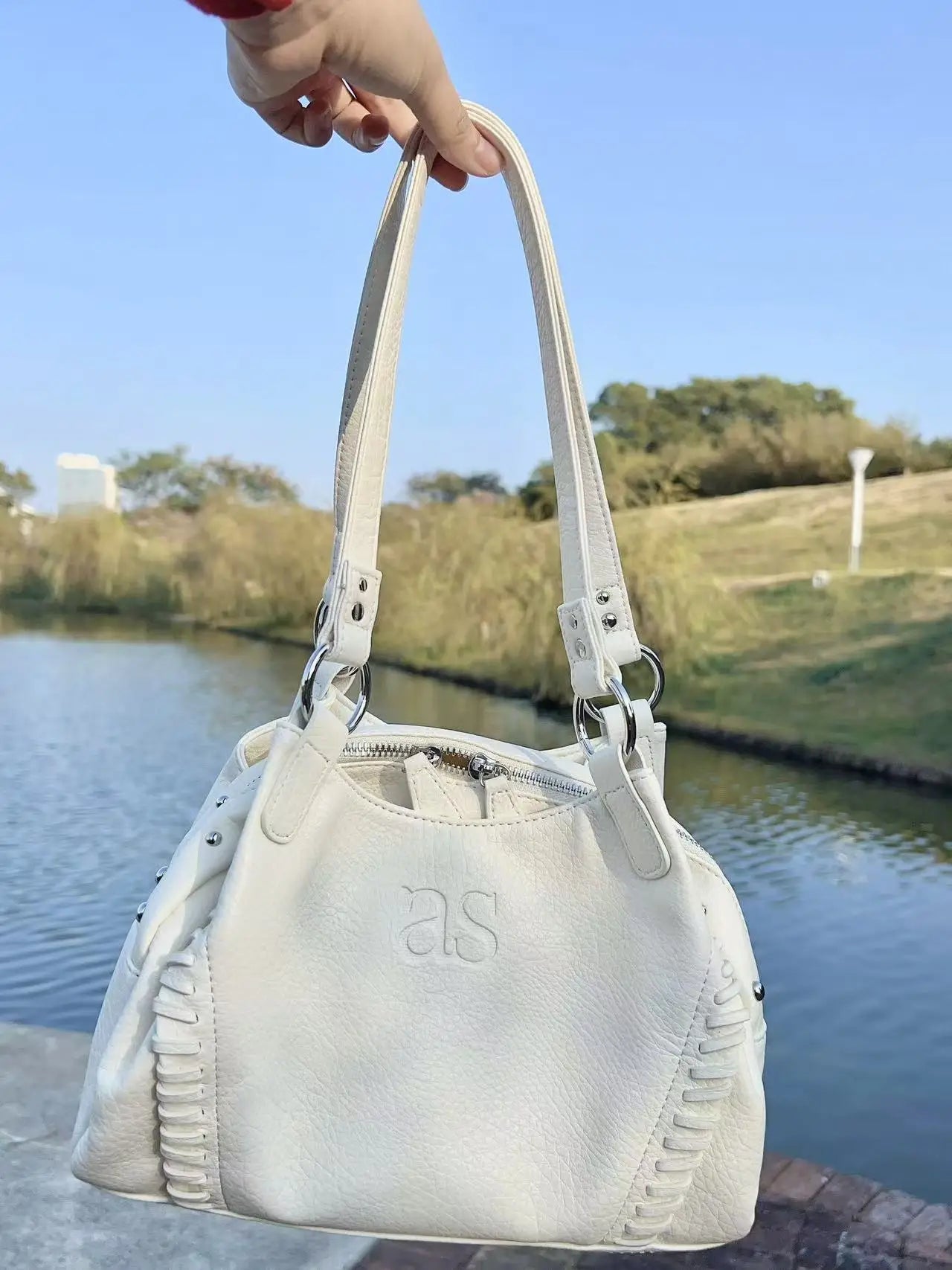 Nicho coreano ASON 24FW couro mini motocicleta bolsa de ombro único axila bolsa de grande capacidade