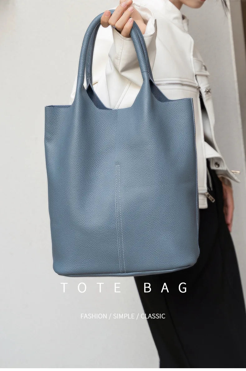 Couro genuíno commuter sacola simples senhoras macio tote bolsa de ombro grande capacidade bolsa balde feminina 2025 novo