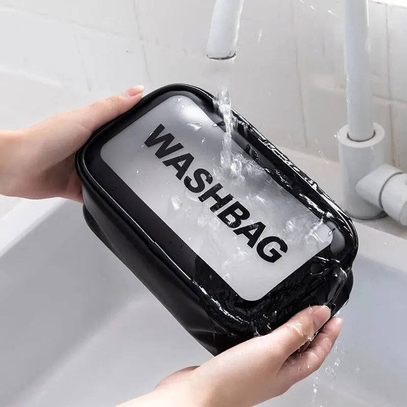 Bolsa transparente de três peças para maquiagem e produtos de higiene pessoal, bolsa de armazenamento portátil fosca semitransparente de pvc de grande capacidade