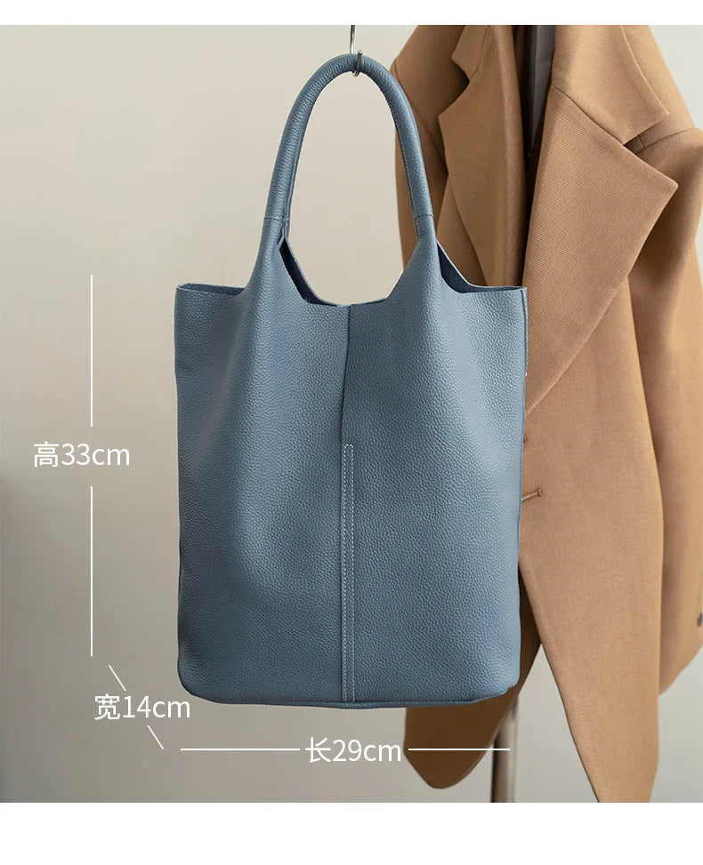 Couro genuíno commuter sacola simples senhoras macio tote bolsa de ombro grande capacidade bolsa balde feminina 2025 novo