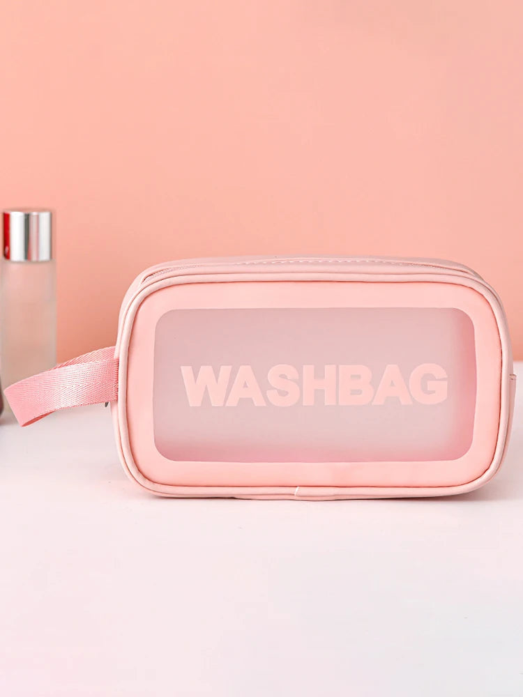 Bolsa transparente de três peças para maquiagem e produtos de higiene pessoal, bolsa de armazenamento portátil fosca semitransparente de pvc de grande capacidade