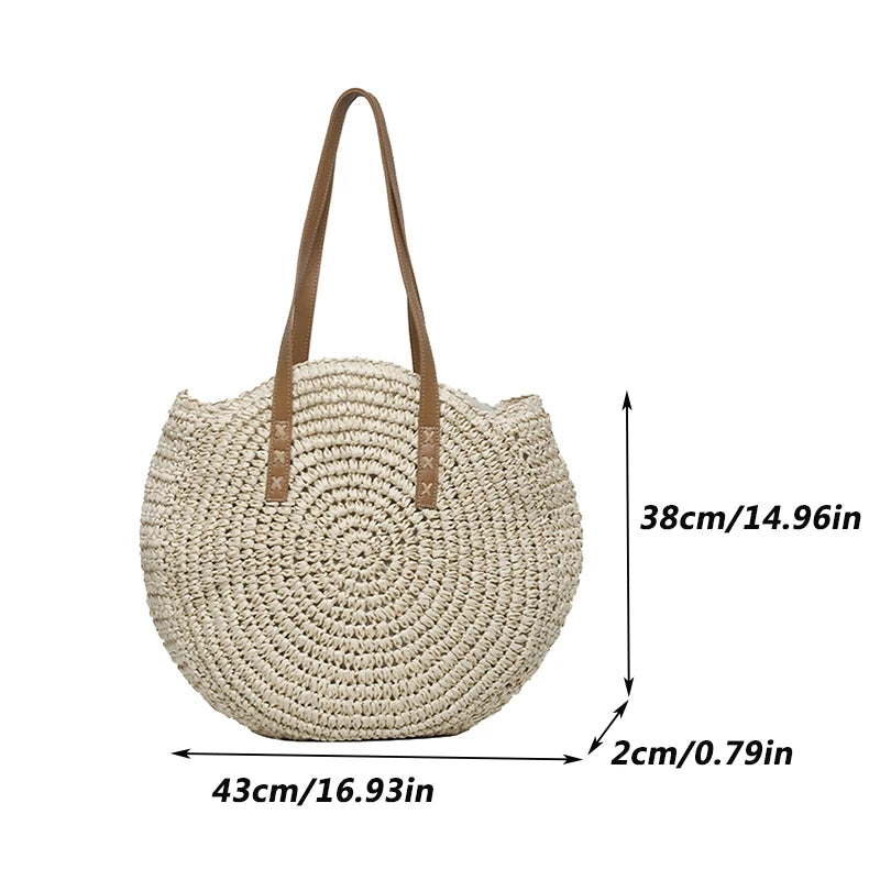 Verão redondo palha feminina férias tecido praia bolsa de ombro grande capacidade oco para fora simples sacola