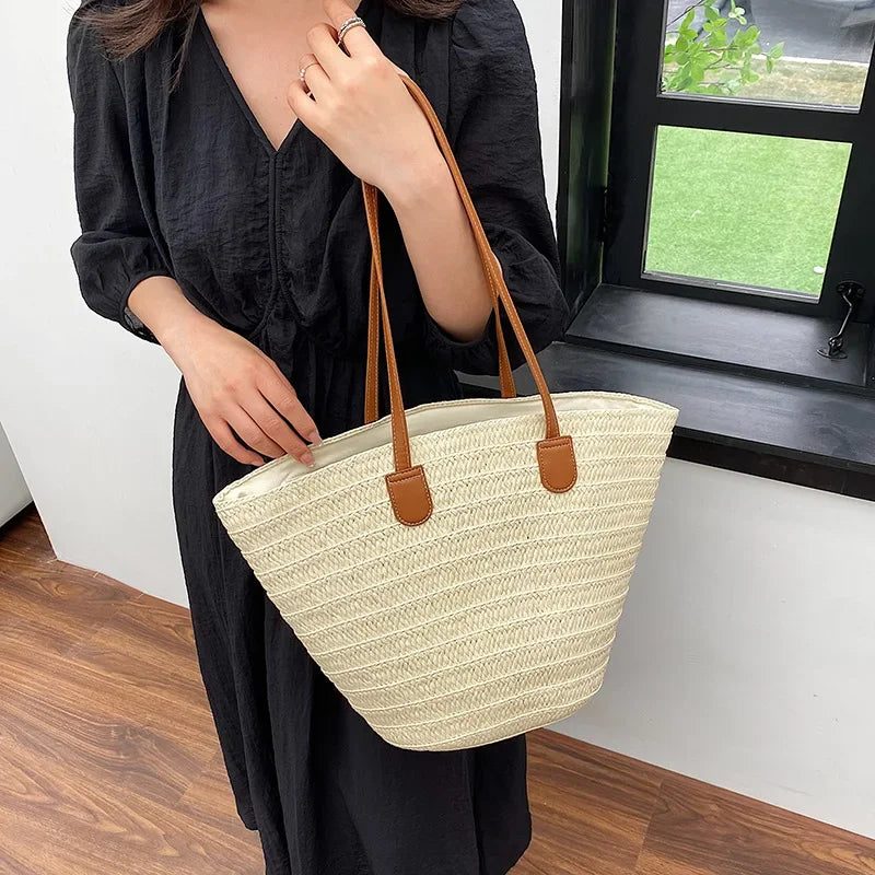 Bolsa de ombro feminina grande capacidade verão palha tecido cesta bolsa moda feminina designer luxo saco praia bali shopper tote