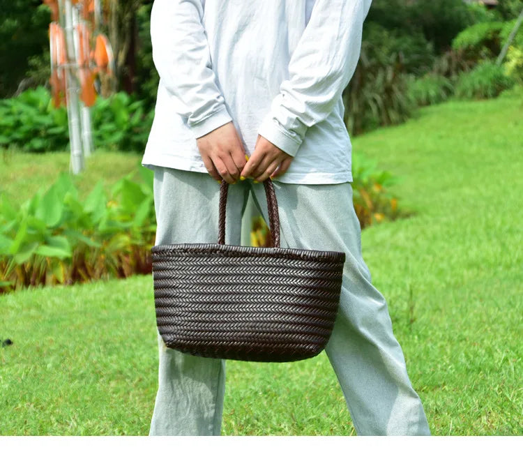 Bolsas femininas de couro genuíno bolsa de ombro tecelagem casual saco de compras vintage grande tote bolsa de mão cruz senhora
