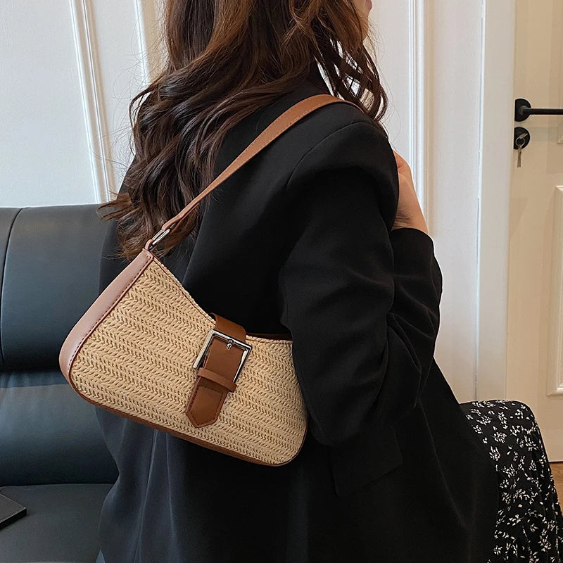 Bolsa feminina de palha tecida moda bolsa de ombro de tecelagem de grande capacidade bolsa de palha tecida à mão bolsa de praia de verão