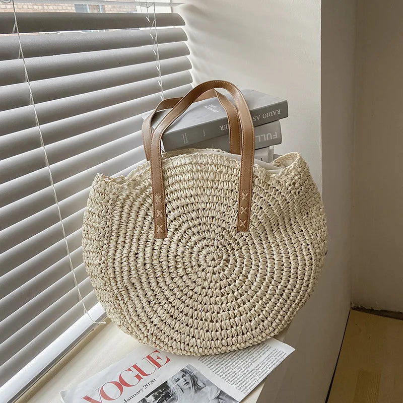 Sacos de palha redondos de verão para mulheres rattan bolsa de ombro viagem artesanal tecido praia bolsas femininas grande capacidade totes saco