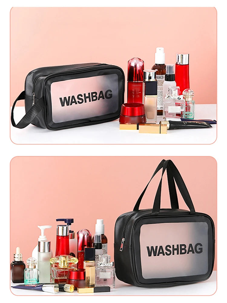 Bolsa transparente de três peças para maquiagem e produtos de higiene pessoal, bolsa de armazenamento portátil fosca semitransparente de pvc de grande capacidade
