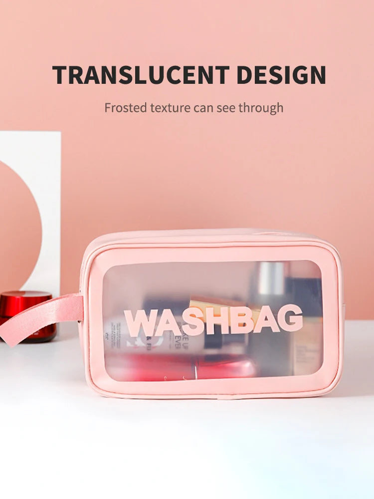 Bolsa transparente de três peças para maquiagem e produtos de higiene pessoal, bolsa de armazenamento portátil fosca semitransparente de pvc de grande capacidade