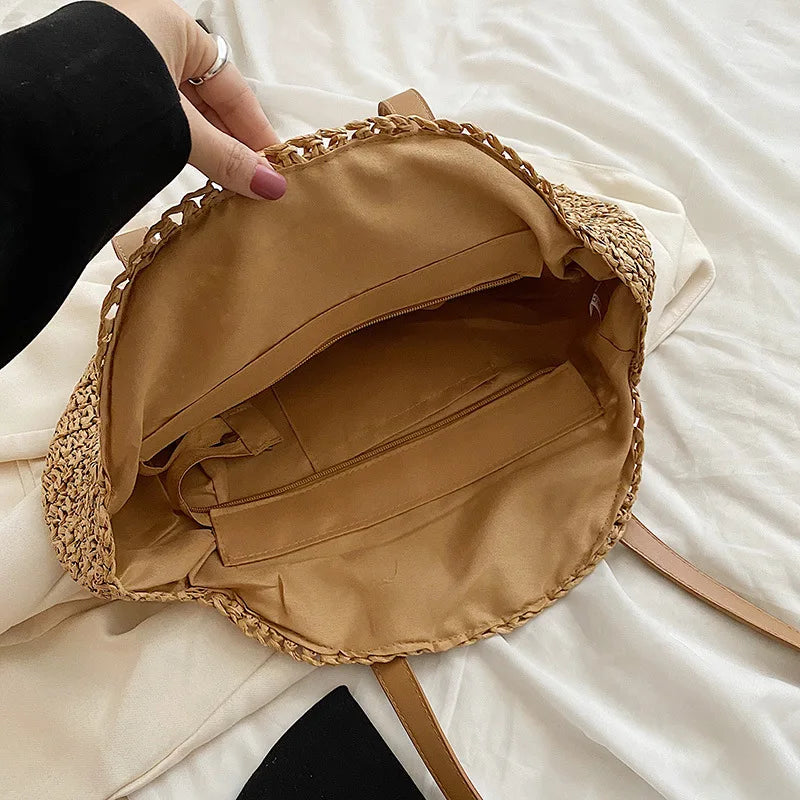 Verão redondo palha feminina férias tecido praia bolsa de ombro grande capacidade oco para fora simples sacola