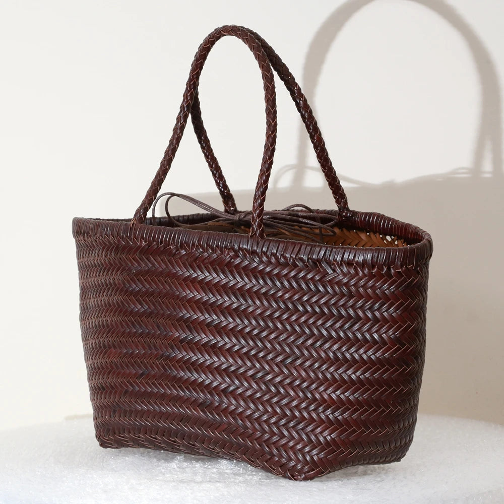 Bolsas femininas de couro genuíno bolsa de ombro tecelagem casual saco de compras vintage grande tote bolsa de mão cruz senhora