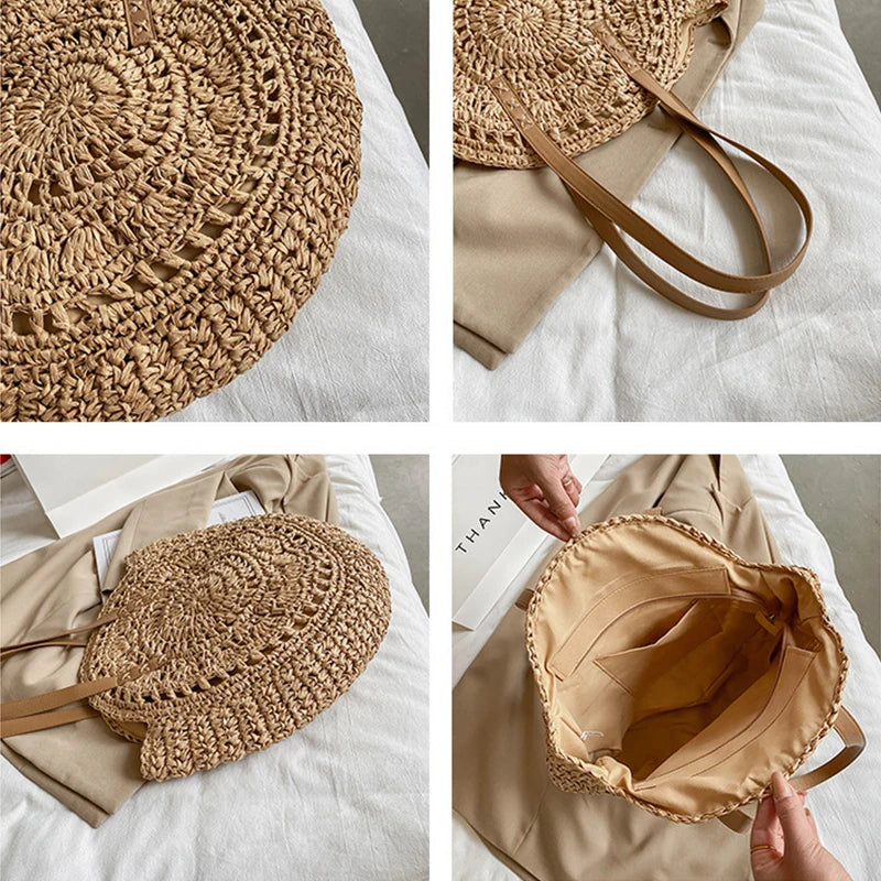 Sacos de palha redondos de verão para mulheres rattan bolsa de ombro viagem artesanal tecido praia bolsas femininas grande capacidade totes saco